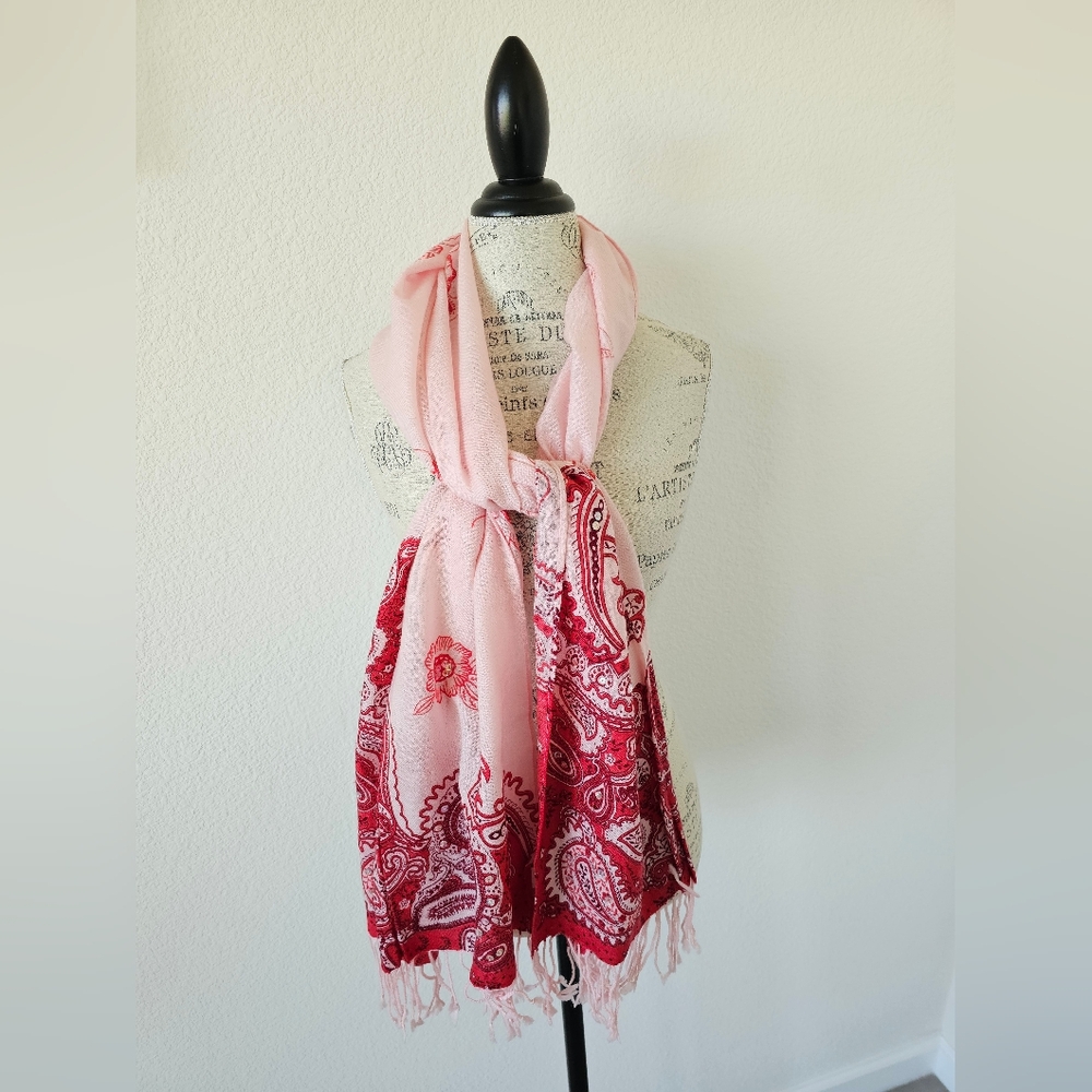 Vintage Old Navy Paisley Wool Scarf Pink Red Boho Wrap with Sequins & Fringe​